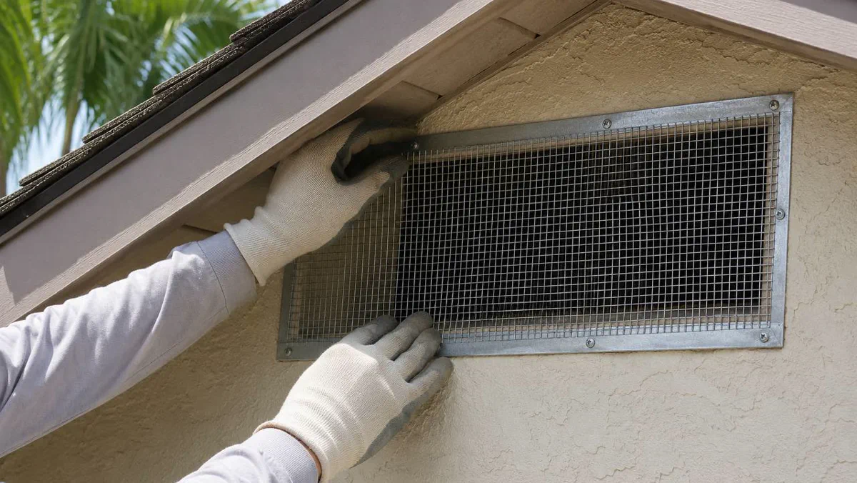 Exclusion screening fitted over an attic vent on a Central Florida home