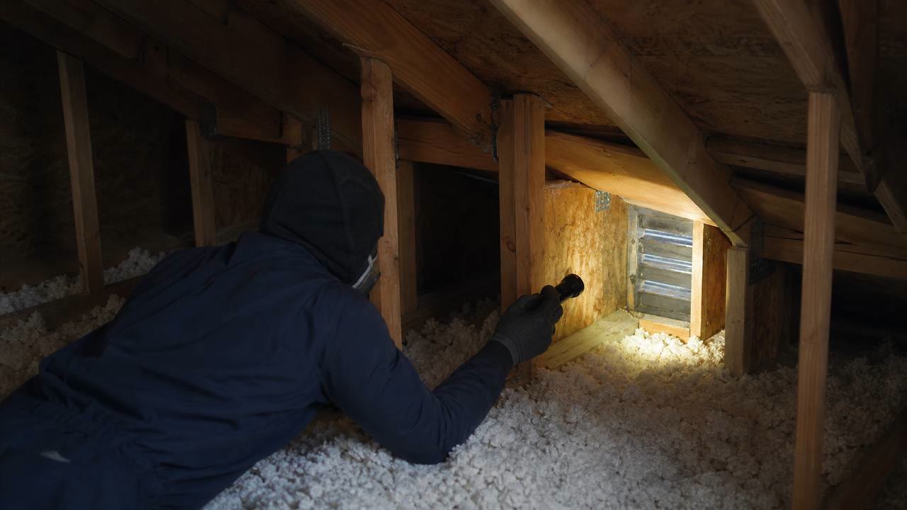 Attic animal removal inspection inside an Orlando home attic